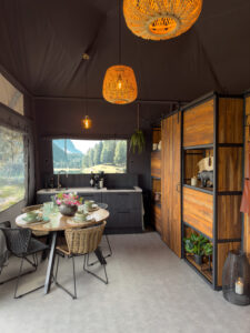 Inside glamping tents