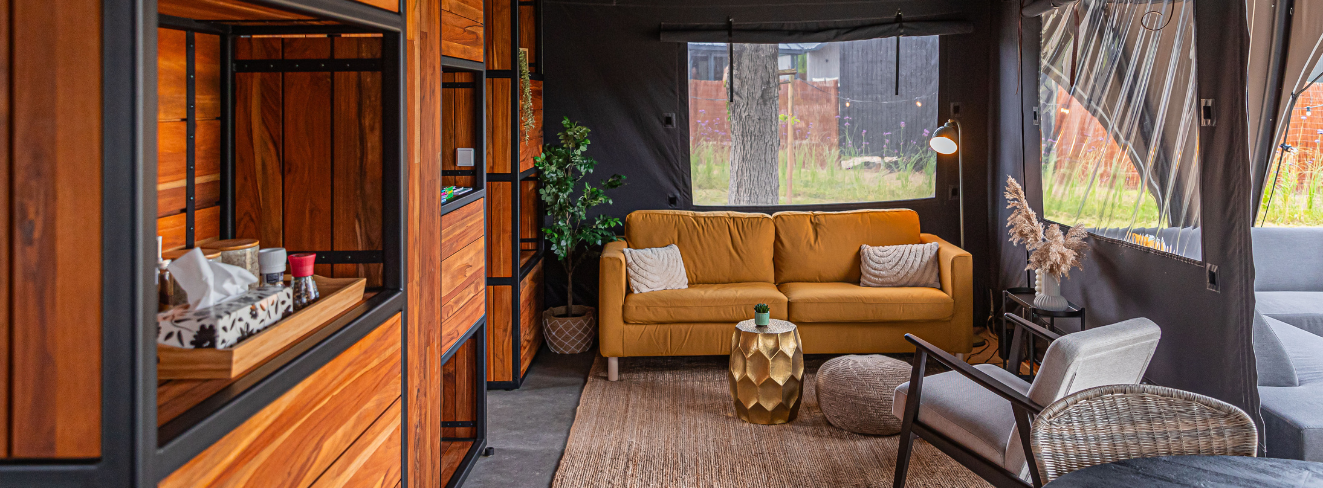 Inside glamping tents